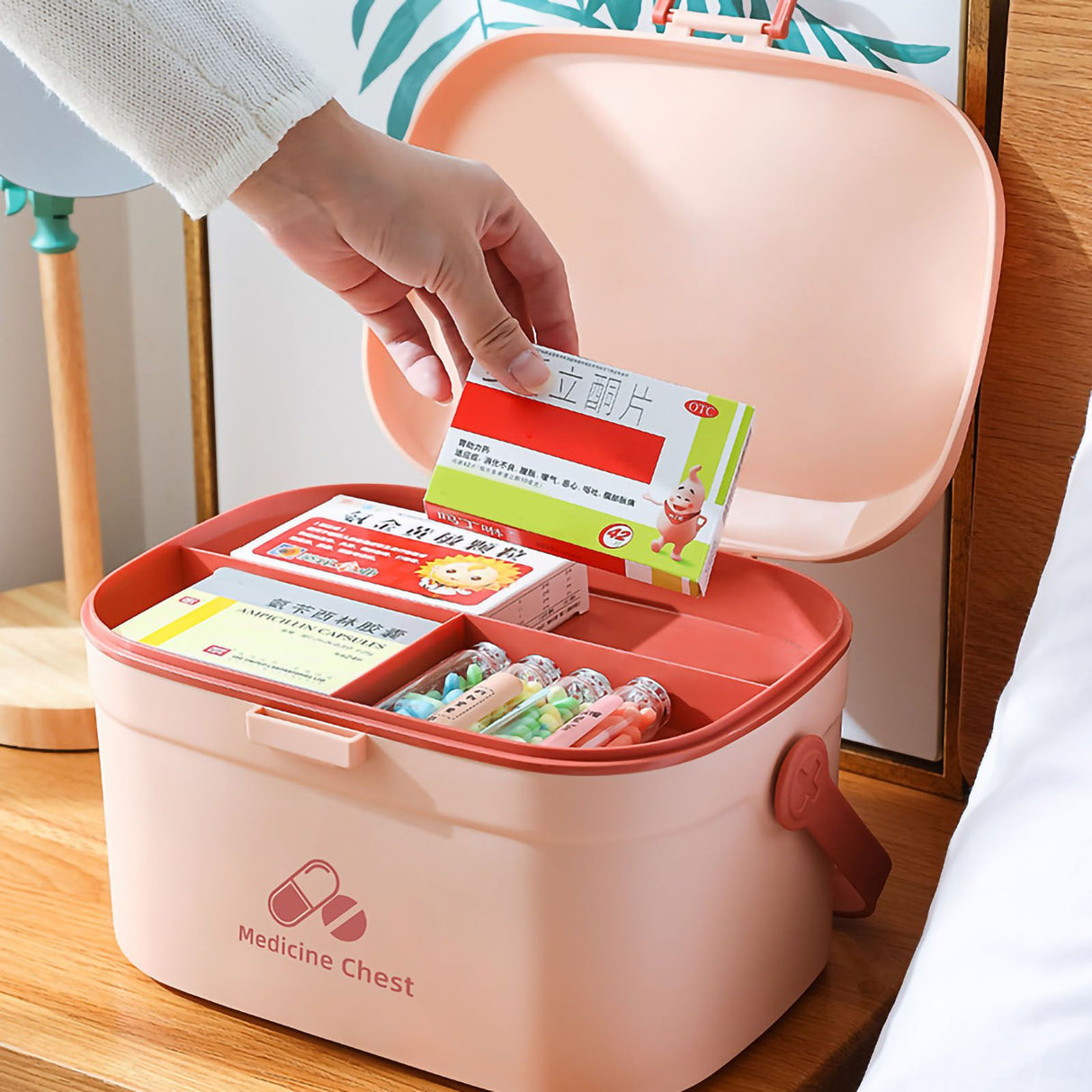 Medicine Box Pill Storage Case Sewing Tin Container PP 2 Layer Portable for Home Office Pink