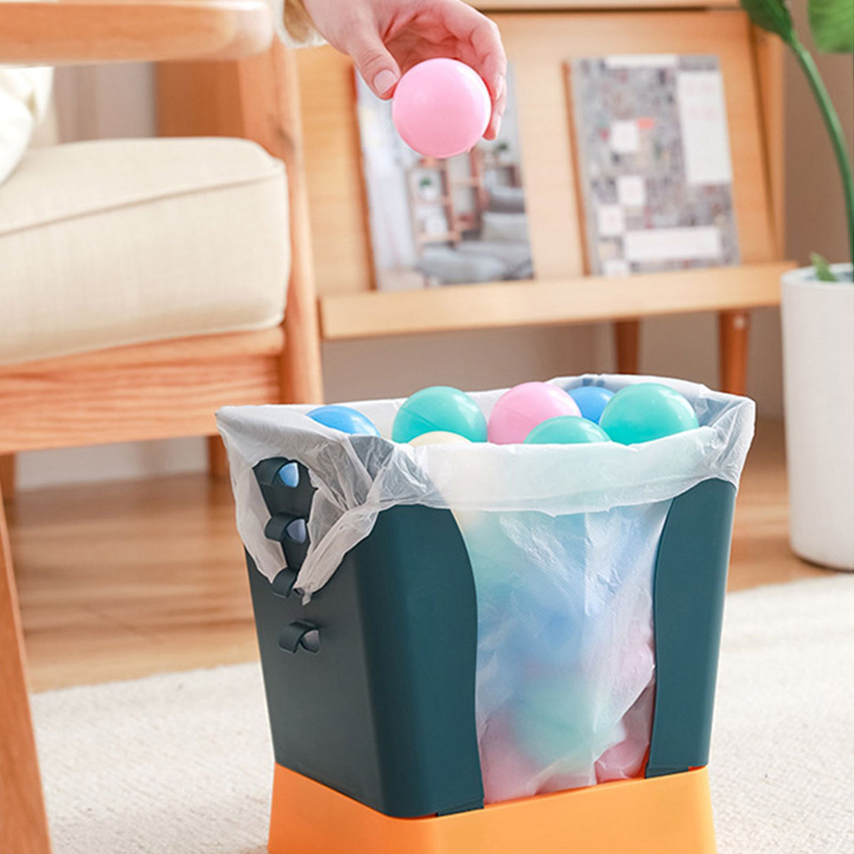 Plastic Garbage Can Expandable Trash Bag Holder Large Capacity for Kitchen Bathroom Blue and Yellow