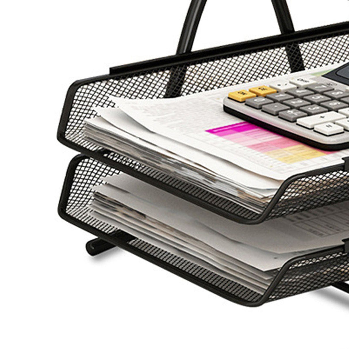 Office Desk Document Tray Mesh Bracket Paper Letter Shelf Holder Black Metal for Home Study School 2 Layers