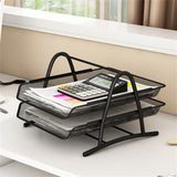 Office Desk Document Tray Mesh Bracket Paper Letter Shelf Holder Black Metal for Home Study School 2 Layers