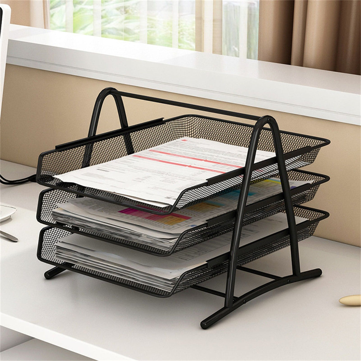 Office Desk Document Tray Mesh Bracket Paper Letter Shelf Holder Black Metal for Home Study School 3 Layers