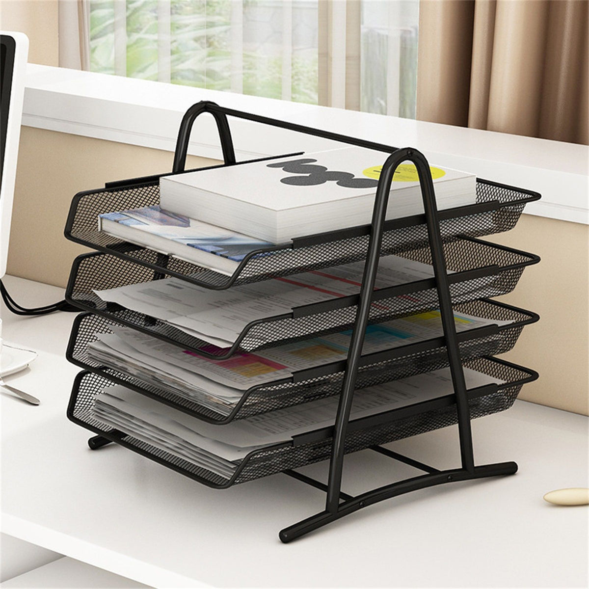 Office Desk Document Tray Mesh Bracket Paper Letter Shelf Holder Black Metal for Home Study School 4 Layers