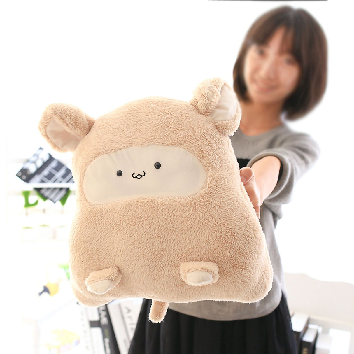 Plush Cushion Pillow Air Conditioning Blanket Cute Mouse Appearance Multifunctional Blanket Throw Pillow Beige 7318 About 100x80cm