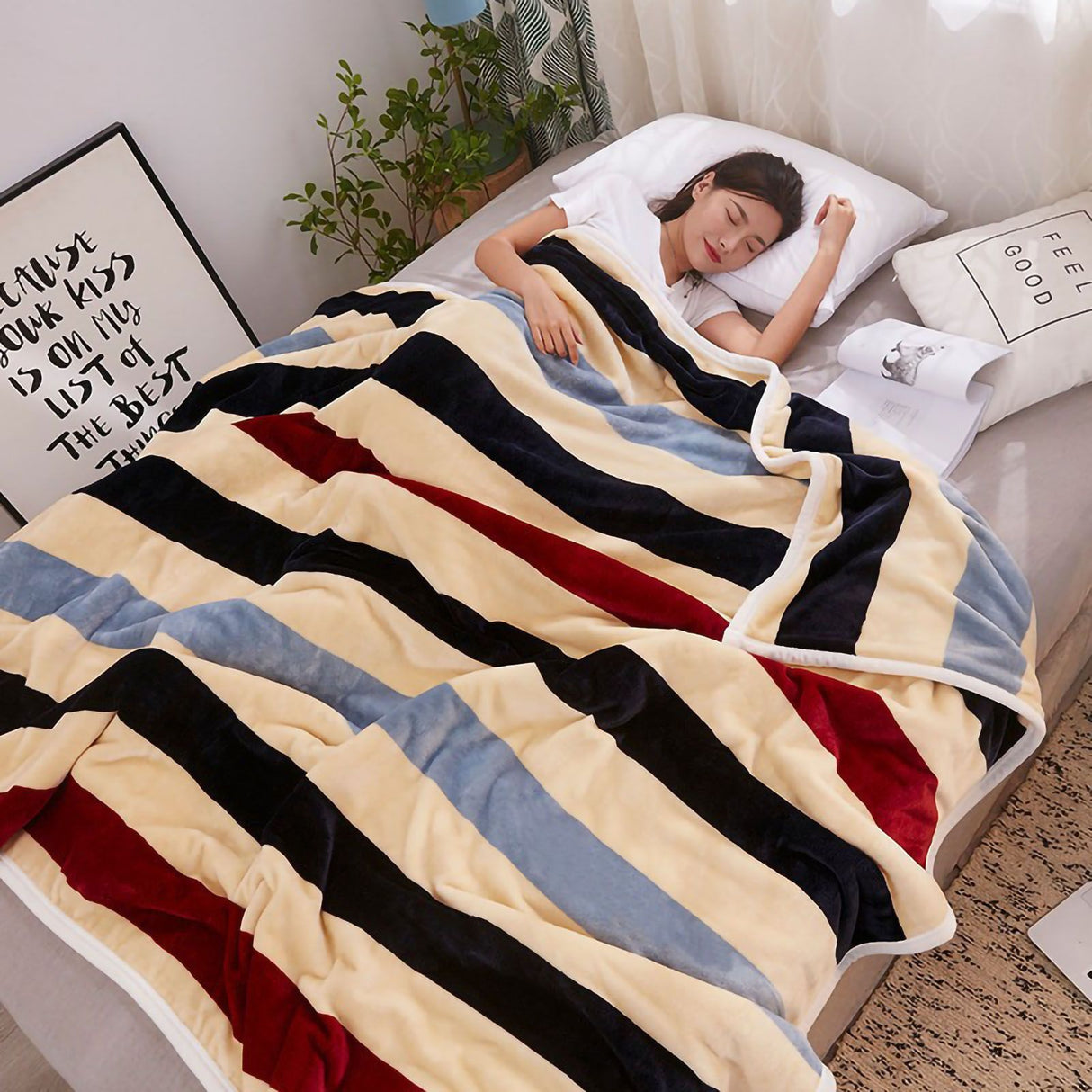 Throw Blanket Cartoon Pattern Thickened Air Conditioning Blanket for Home Bedroom Office Travel Stripes 150x200cm / 59.1x78.7in