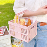 Folding Picnic Basket Stackable Storage Box Plastic Grocery Shopping Basket with Handles for Outdoor Home Pink - Front View