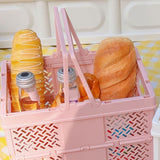Folding Picnic Basket Stackable Storage Box Plastic Grocery Shopping Basket with Handles for Outdoor Home Pink - Side View