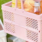 Folding Picnic Basket Stackable Storage Box Plastic Grocery Shopping Basket with Handles for Outdoor Home Pink - 45-Degree Angle