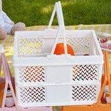Folding Picnic Basket Stackable Storage Box Plastic Grocery Shopping Basket with Handles for Outdoor Home Milk White