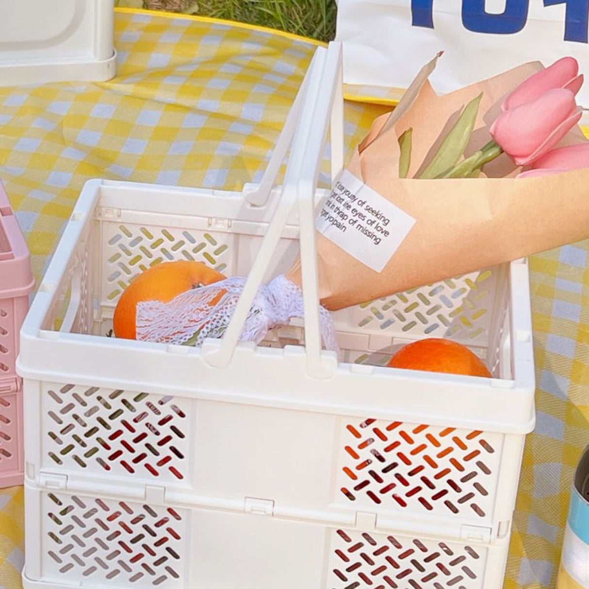 Folding Picnic Basket Stackable Storage Box Plastic Grocery Shopping Basket with Handles for Outdoor Home Milk White
