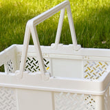 Folding Picnic Basket Stackable Storage Box Plastic Grocery Shopping Basket with Handles for Outdoor Home Milk White