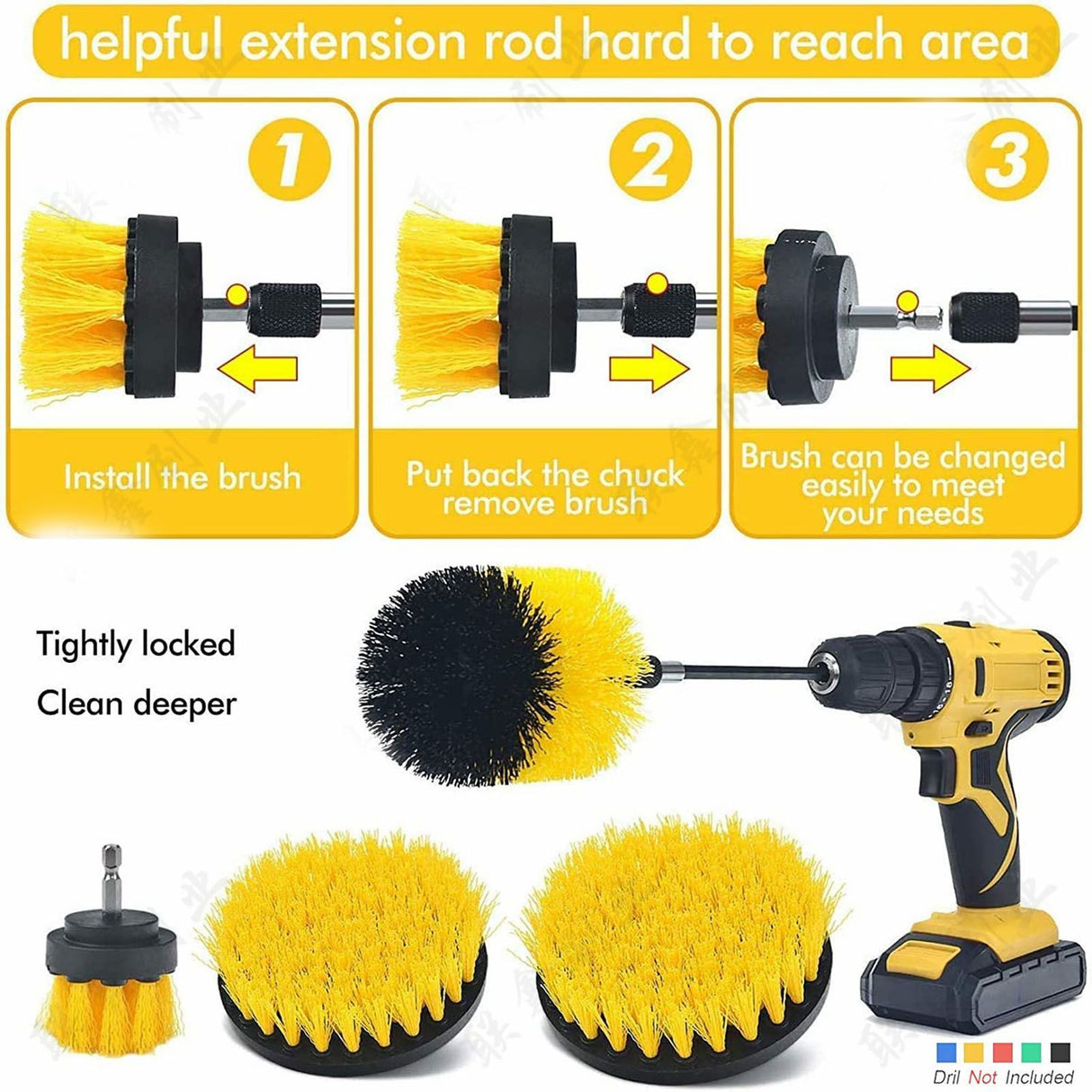 Electric Drill Brush Head Labor Saving Efficient Drill Brush Attachment Set for Kitchen Bathroom Yellow 4 Piece Set