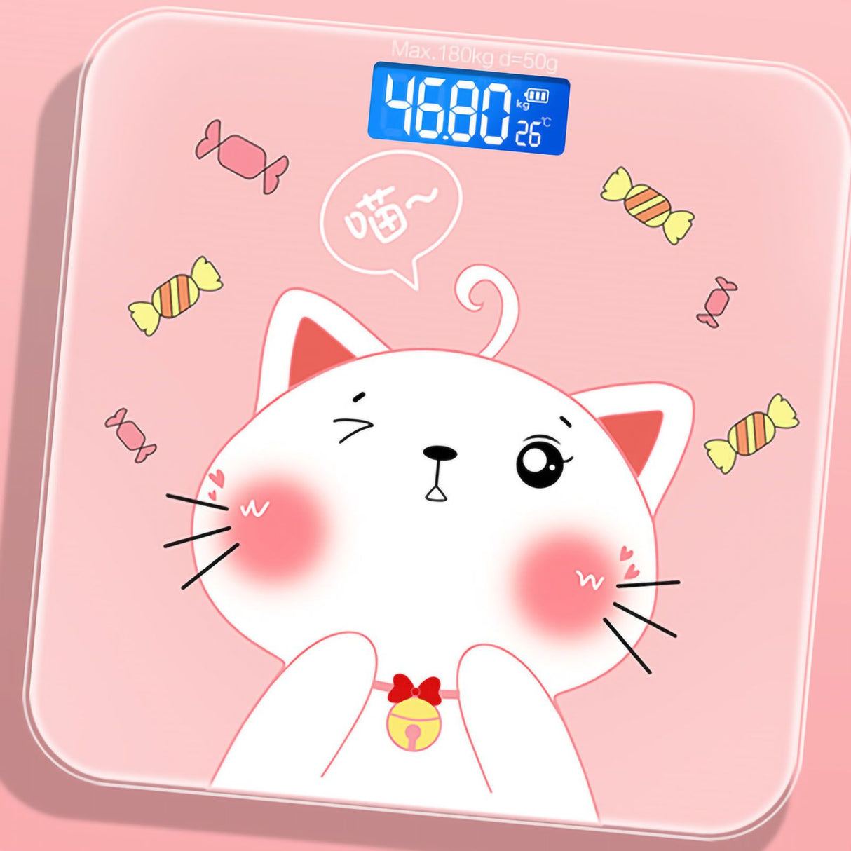Digital Weight Scale Tempered Glass Smart Accurate Measurement Digital Weight Scale for Home Use LCD Candy Cat 26x26cm / 10.2x10.2in Battery Model