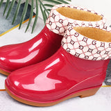 Womens Rain Boots Fashion Antiskid Short Rain Boot Round Head Radian PVC Plastic Rain Boots Red Padded 40 - Front View