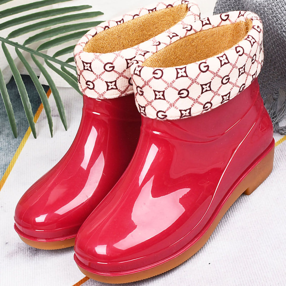 Womens Rain Boots Fashion Antiskid Short Rain Boot Round Head Radian PVC Plastic Rain Boots Red Padded 40