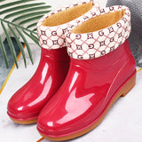 Womens Rain Boots Fashion Antiskid Short Rain Boot Round Head Radian PVC Plastic Rain Boots Red Padded 40 - Side View