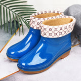 Womens Rain Boots Fashion Antiskid Short Rain Boot Round Head Radian PVC Plastic Rain Boots Blue Padded 38