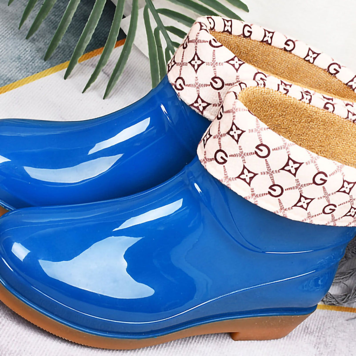 Womens Rain Boots Fashion Antiskid Short Rain Boot Round Head Radian PVC Plastic Rain Boots Blue Padded 38