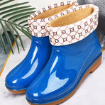 Womens Rain Boots Fashion Antiskid Short Rain Boot Round Head Radian PVC Plastic Rain Boots Blue Padded 38