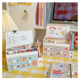 Desktop Storage Box Drawer Design Large Capacity Decorative Simple Dust Cover Skincare Storage Box Pink with Stickers - Side View
