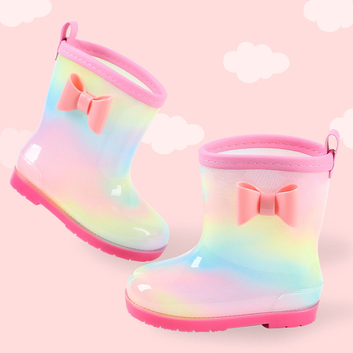 1 Pair Kids Rain Boots Four Seasons Universal Children's Rainbow Bow Non Slip Waterproof Breathable Rain Boots Pink 150mm (Inner Length 145mm)