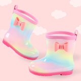 1 Pair Kids Rain Boots Four Seasons Universal Children's Rainbow Bow Non Slip Waterproof Breathable Rain Boots Pink 150mm (Inner Length 145mm) - Low Angle