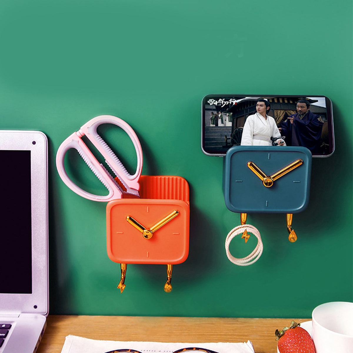 Wall Mounted Storage Box PP Clock Shaped Multifunctional Container with Hooks for Dormitory Bedside Orange