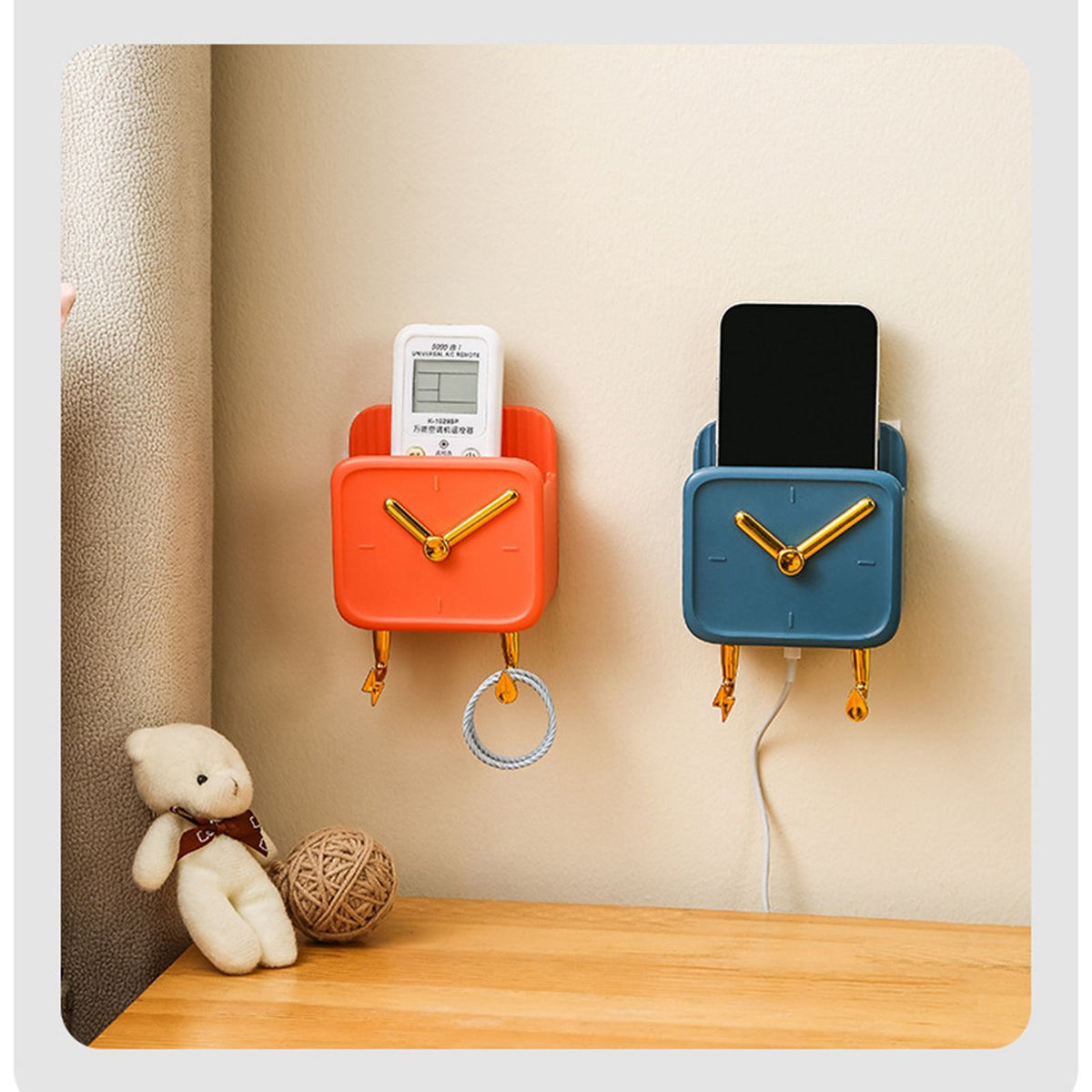 Wall Mounted Storage Box PP Clock Shaped Multifunctional Container with Hooks for Dormitory Bedside Orange