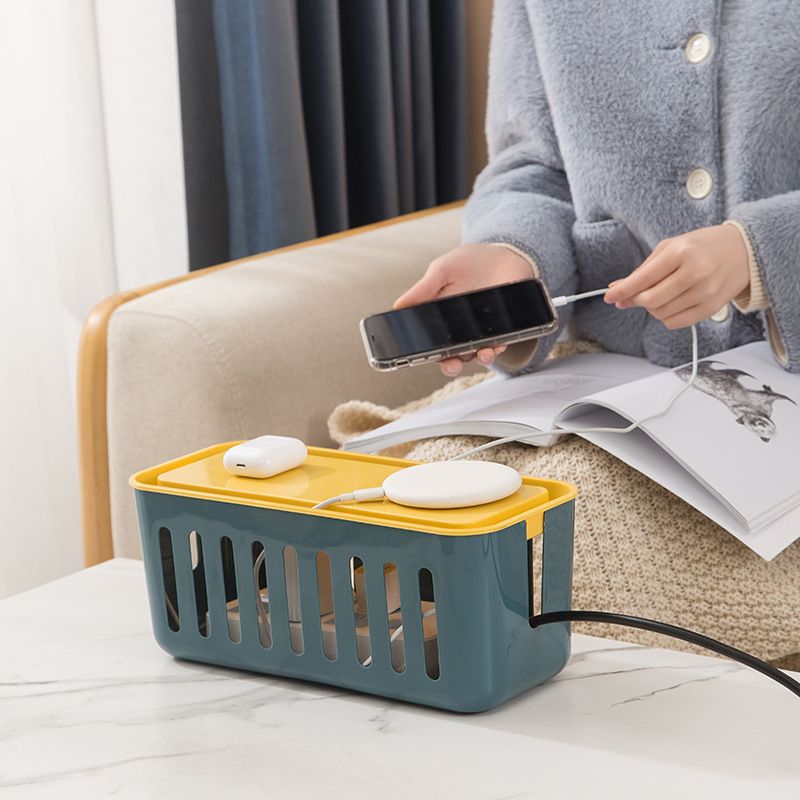 Power Strip Storage Box Hollow Heat Dissipation Simple 6 Charging Hole Cord Cable Container for Home Blue and Yellow