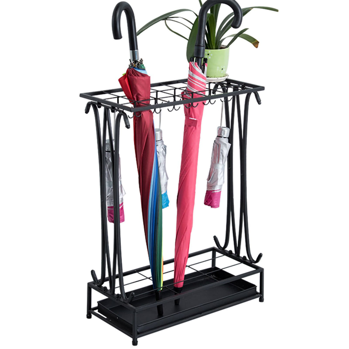Umbrella Storage Rack Iron with Drip Tray 10 Holes 8 Hooks Umbrella Rack Stand for Home Hotel Lobby Black