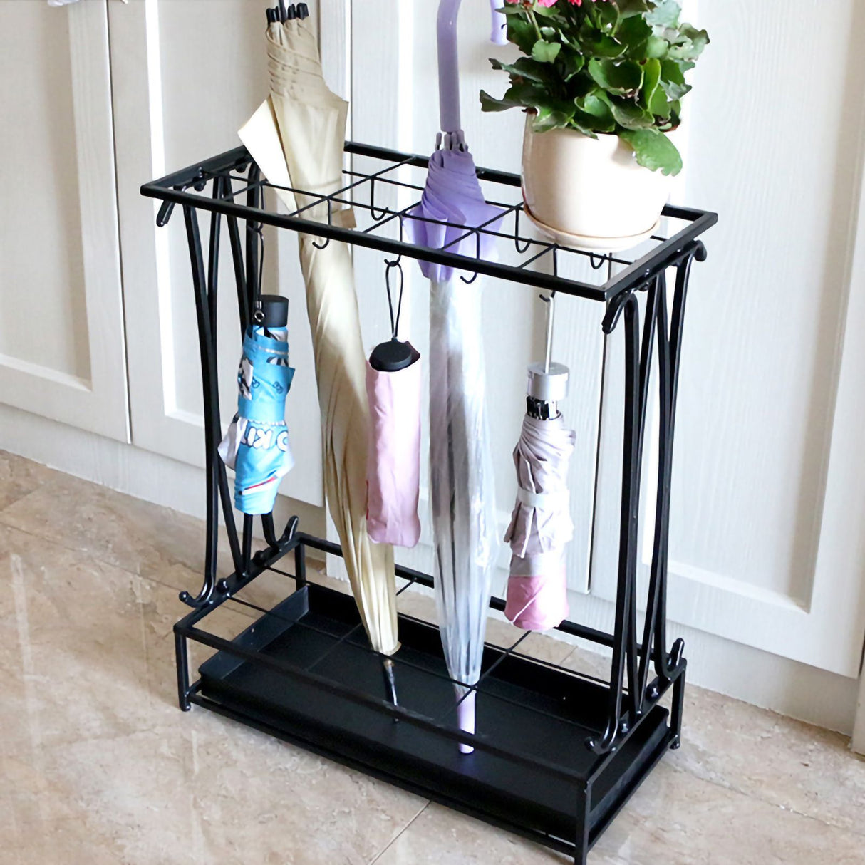 Umbrella Storage Rack Iron with Drip Tray 10 Holes 8 Hooks Umbrella Rack Stand for Home Hotel Lobby Black