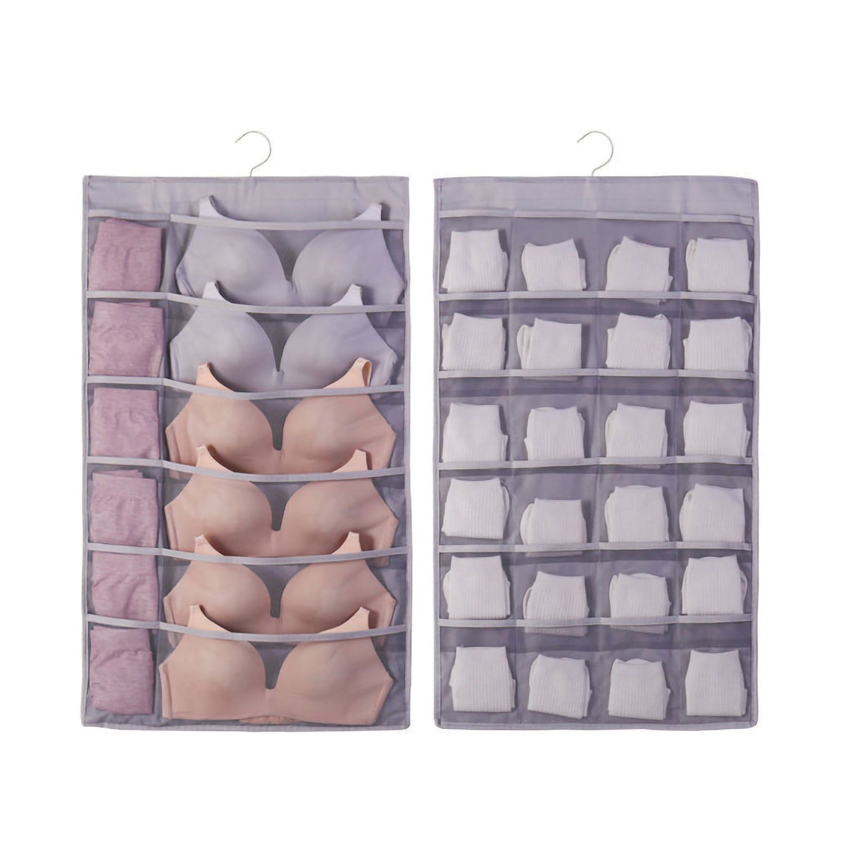 Hanging Bra Organizer Oxford Fabric Double Sides Breathable Large Capacity Underwear Storage Organizer for Bra Socks Gray, Front 12, Back 24