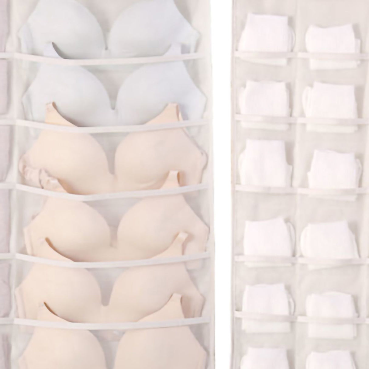 Hanging Bra Organizer Oxford Fabric Double Sides Breathable Large Capacity Underwear Storage Organizer for Bra Socks Beige, Front 12, Back 24