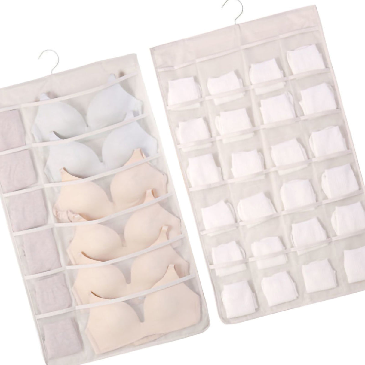 Hanging Bra Organizer Oxford Fabric Double Sides Breathable Large Capacity Underwear Storage Organizer for Bra Socks Beige, Front 12, Back 24