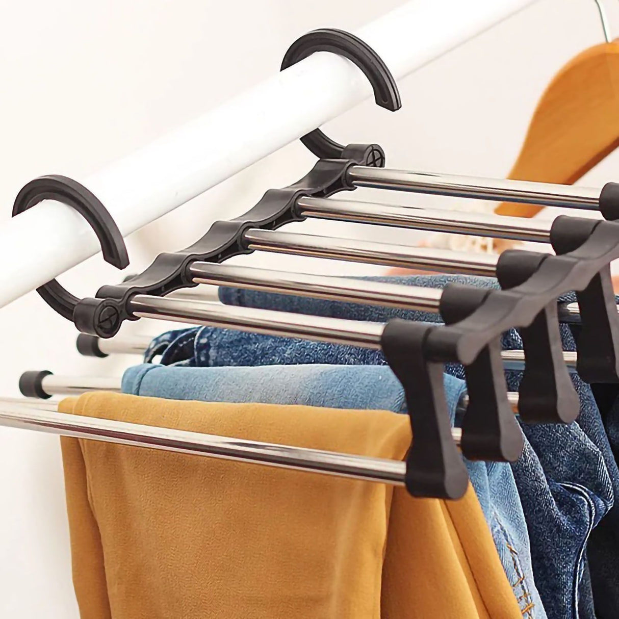 Stainless Steel Hangers Home Multifunctional Foldable Trouser Rack Retractable Trouser Storage Rack Trouser Rack Black