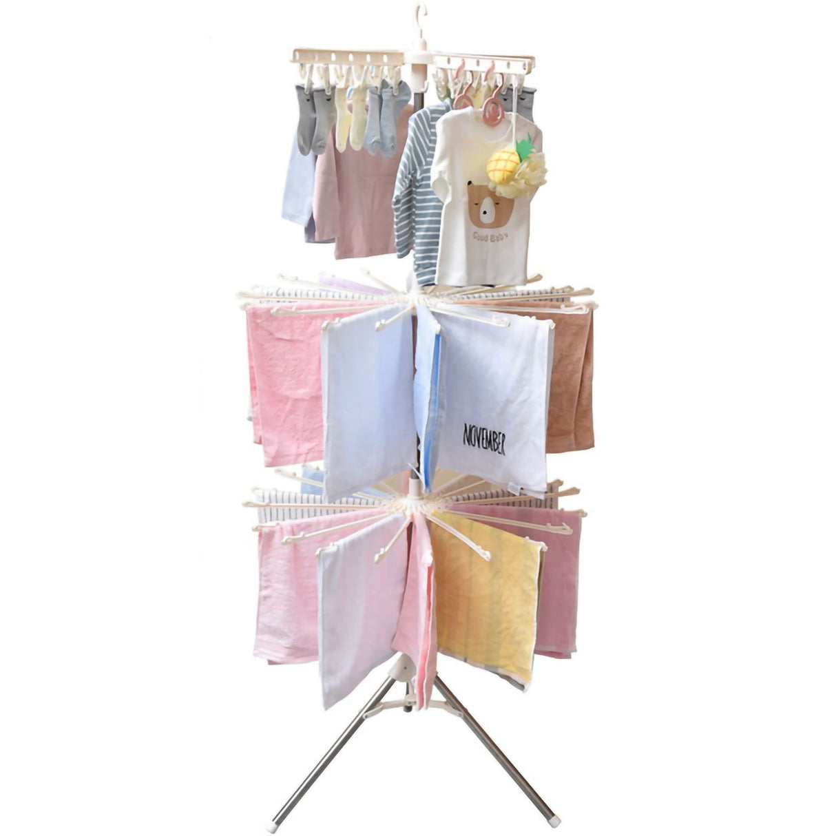 Clothes Drying Rack 360 Degree Rotating Folding Design Reliable Load Bearing Stainless Steel Laundry Accessories 3 Layer White