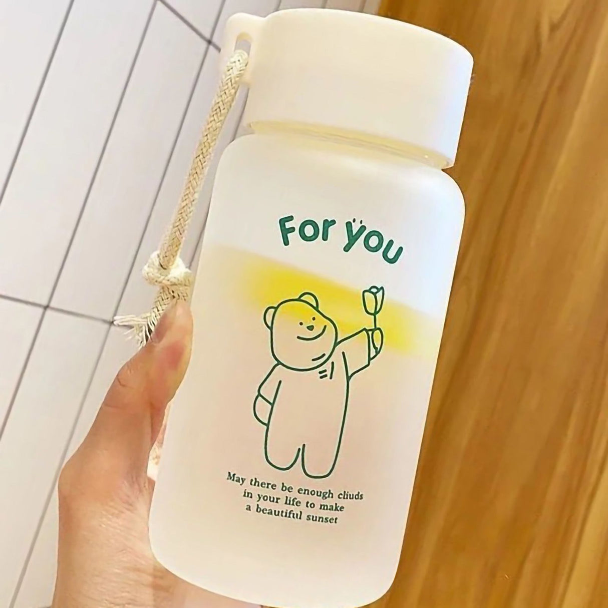Kids Water Bottle Cute Cartoon Printing Handle Design Healthy Odorless Good Sealing Students Water Cup Green Bear