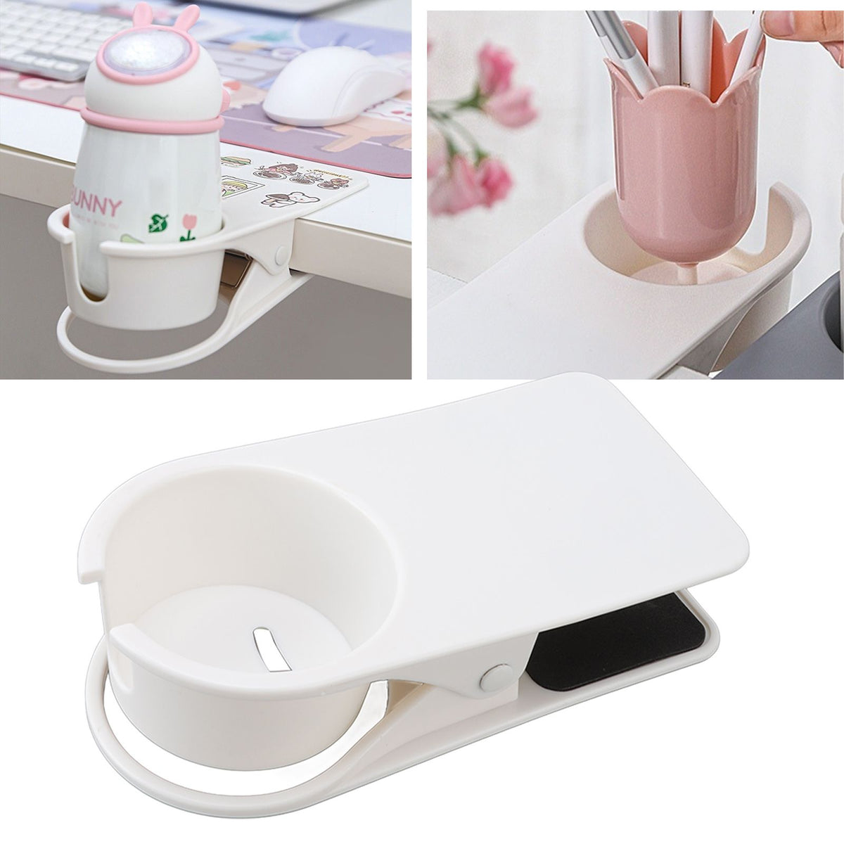 Cup Holder Clip Desk Side Glass Mug Bottle Clamp Stand Plastic for Home Office Storage White