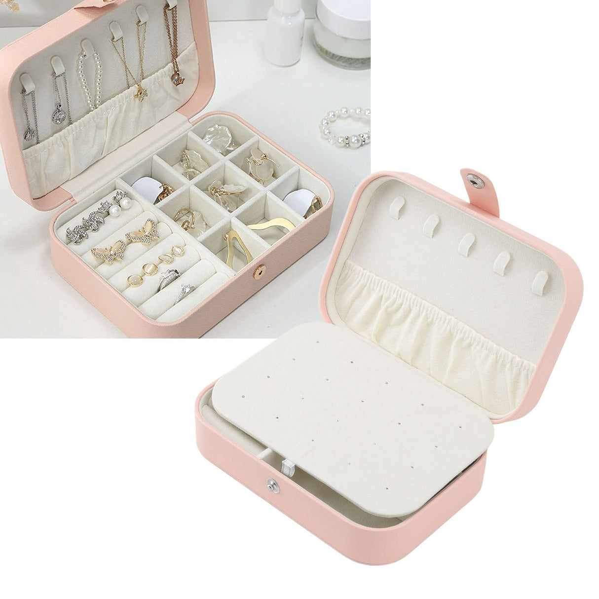 Jewelry Case Portable Beautiful Pink Necklace Ring Ear Stud Storage Box Adjustment Leather Travel Jewelry Case with Lock