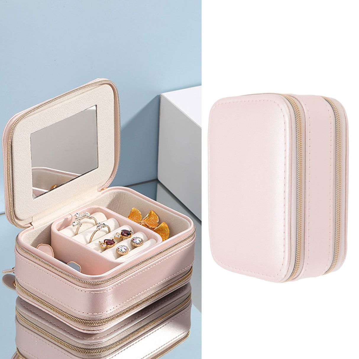 Jewelry Case Double Layer Portable Pink Necklace Hook Design Convenient Handle Travel Jewelry Box