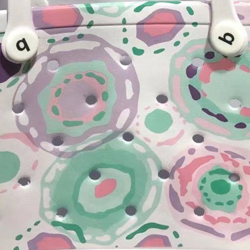 Women Storage EVA Handbag Hole Design Beach Casual Bag for Outdoor Sport Shopping Traveling White Print Small