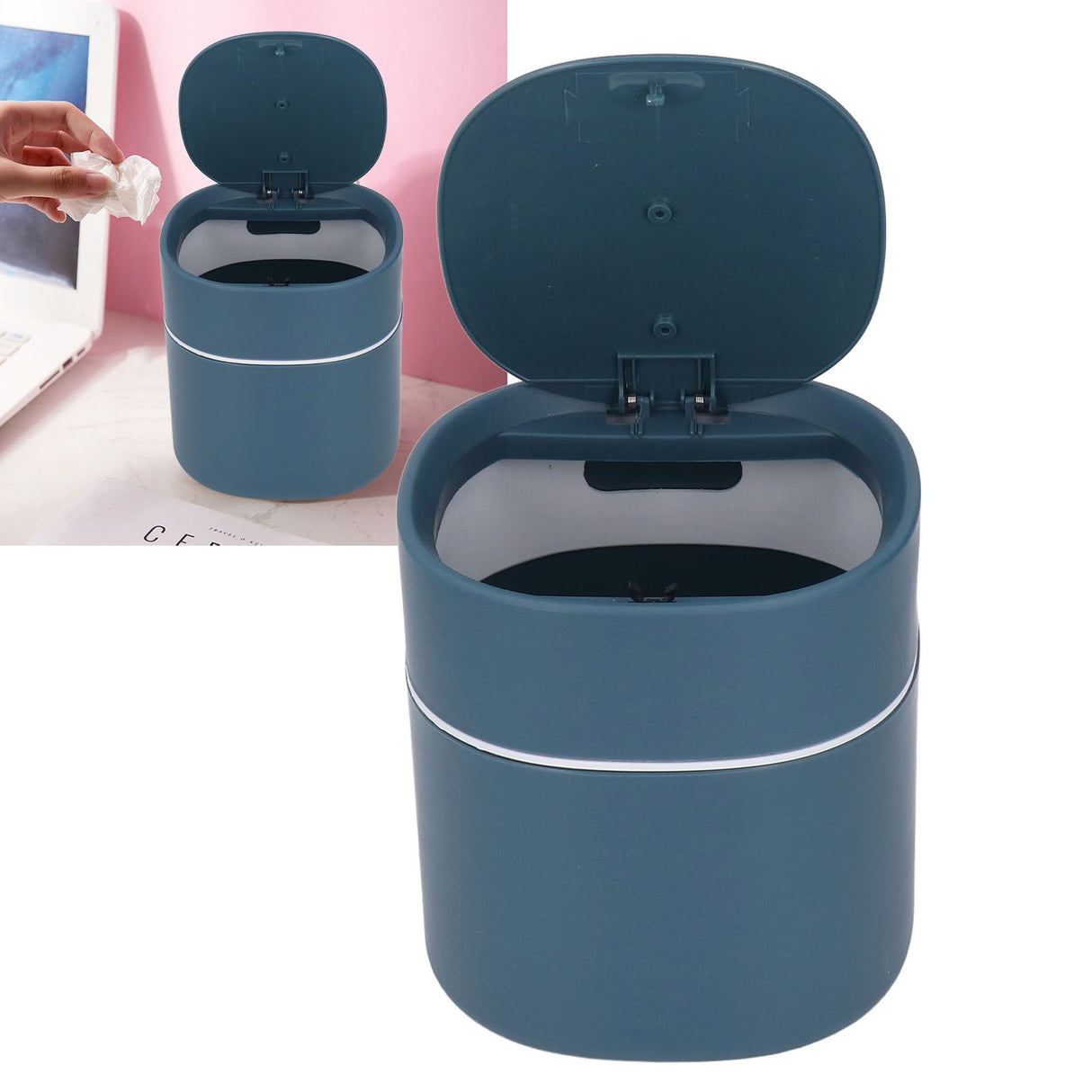 Mini Desktop Trash Can Debris Storage Cleaning Can with Lid for Coffee Table Dressing Table Desktop Countertop Blue