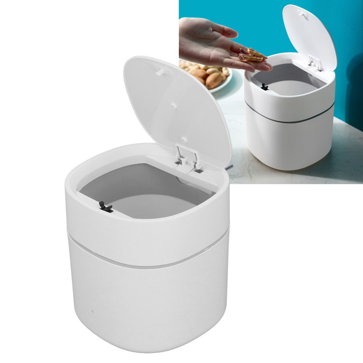 Mini Desktop Trash Can Debris Storage Cleaning Can with Lid for Coffee Table Dressing Table Desktop Countertop White