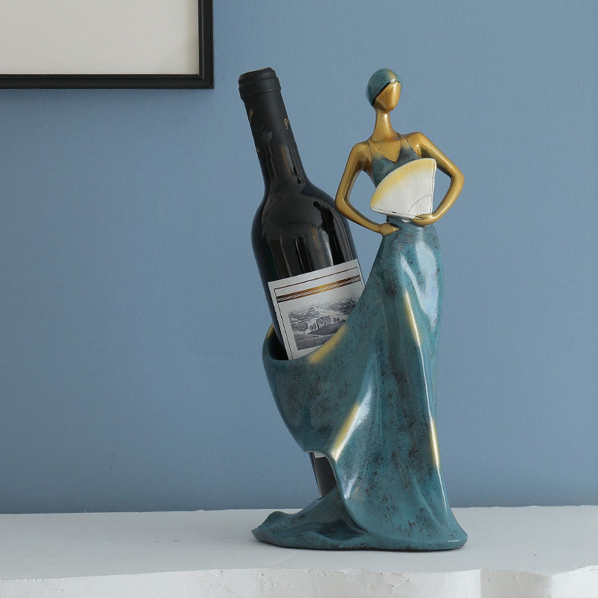 Dancing Girl Figurines Wine Holder Statue Synthetic Resin Wine Bottle Rack Stand for Bar Counter Home Decoration Blue
