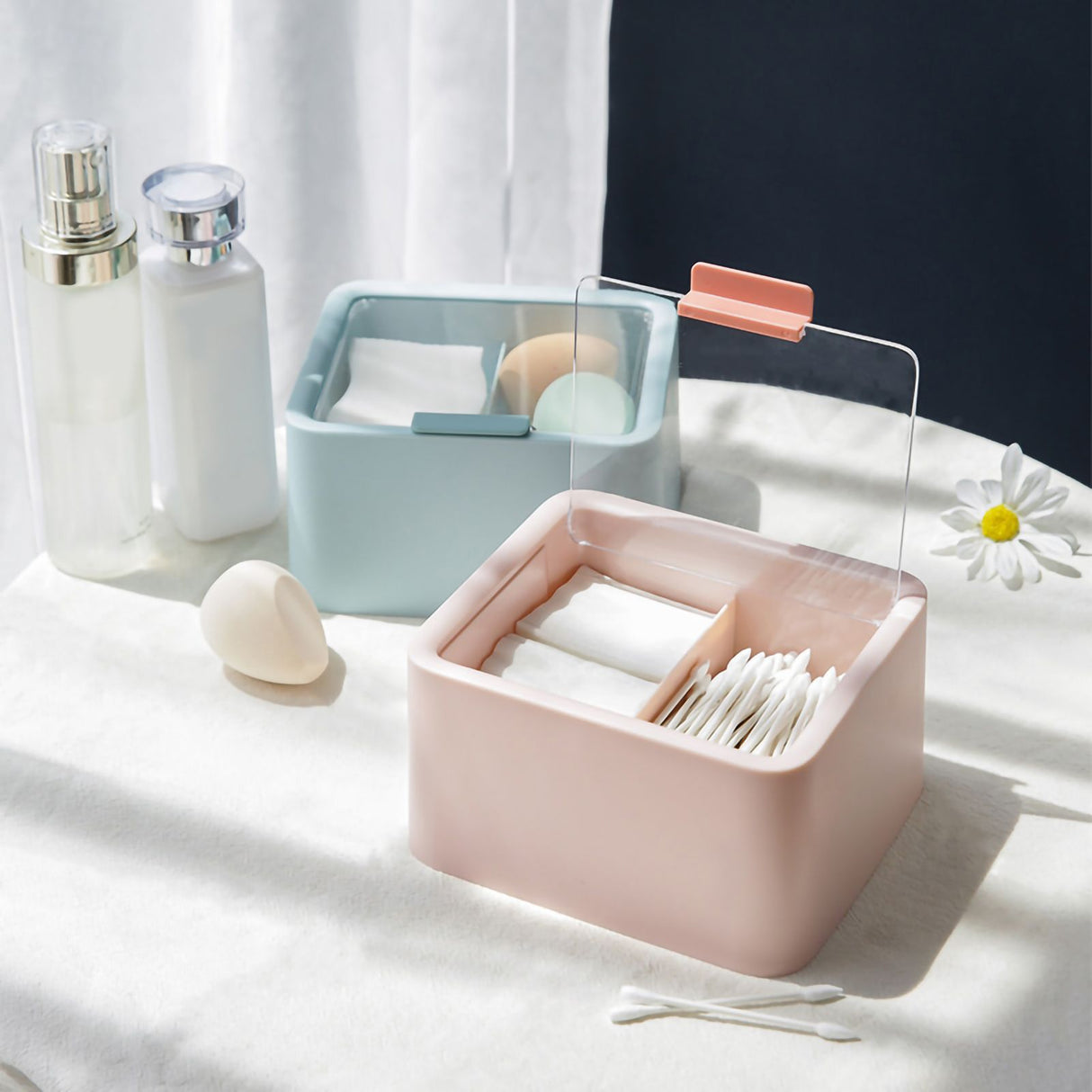 Cosmetic Storage Box Plastic Dustproof Double Grids Makeup Container with Lid for Makeup Cotton Swab Dental Floss Pink