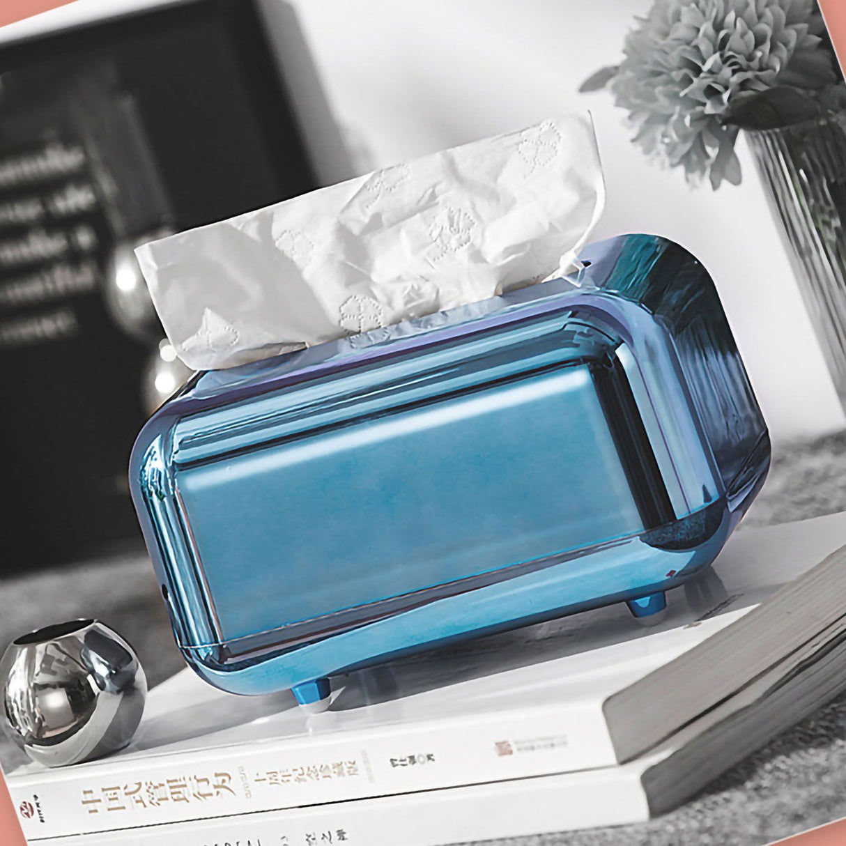 Tissue Storage Box Electroplated Magnetic Retro Built in Spring Facial Tissue Dispenser Box for Home Blue