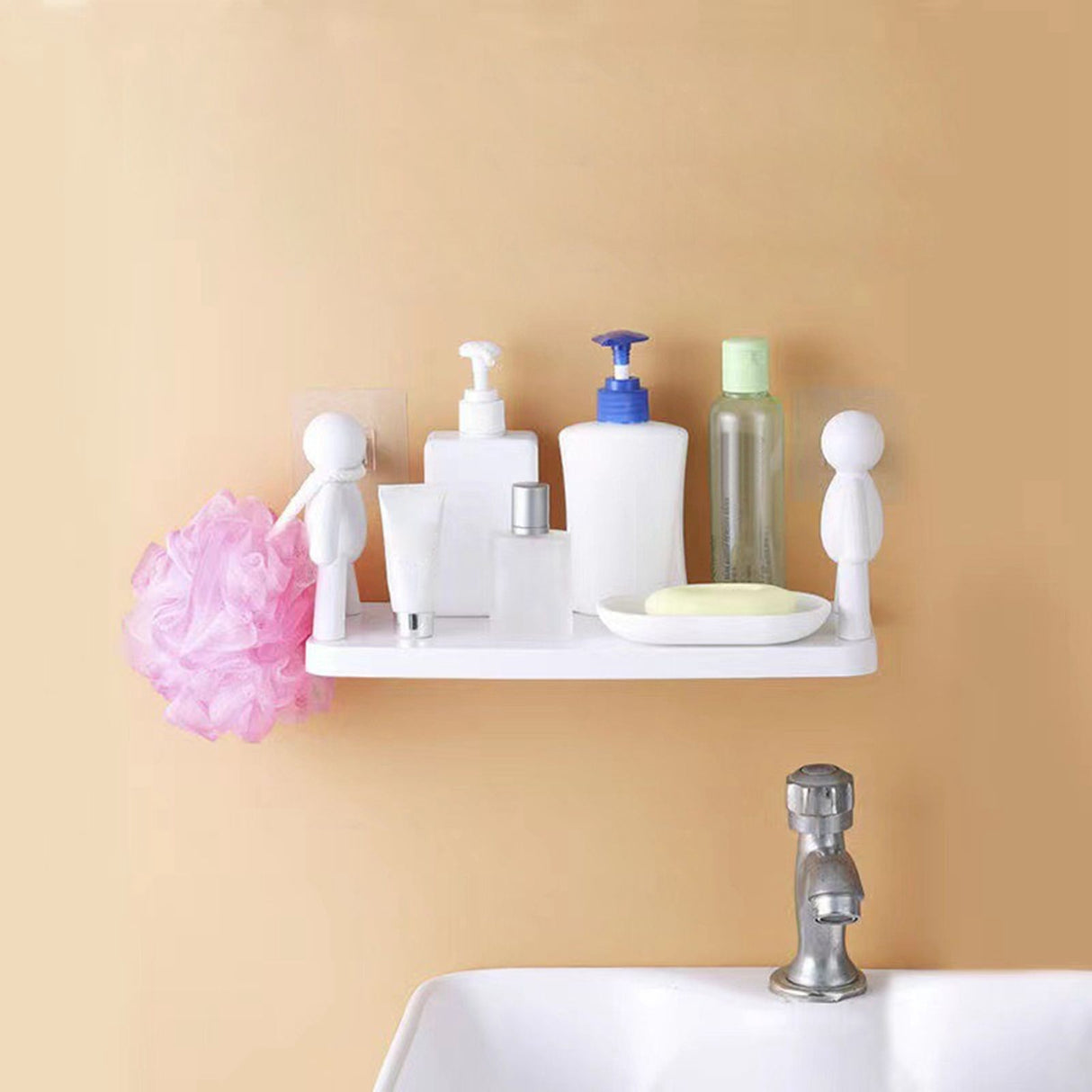 Wall Mounted Shelf Hole Free Installation Small Doll Shape Large Capacity Plastic Stable Load Bearing Storage Rack Grey