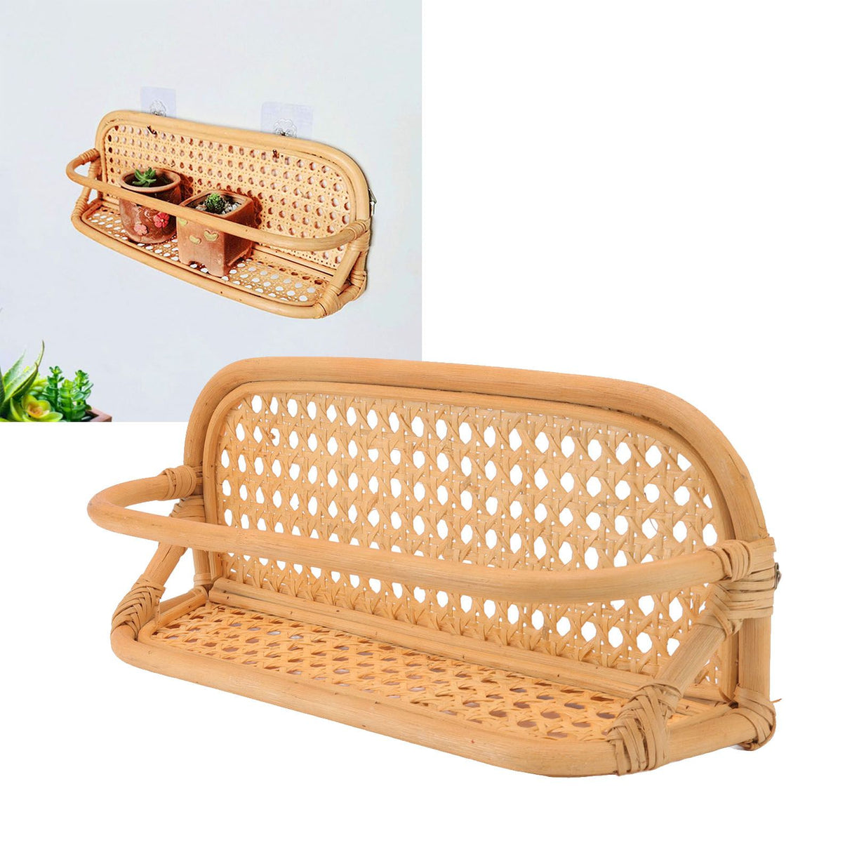 Rattan Wall Shelf Hand Crafted Durable Natural Rattan Hanging Rack Wall Storage Shelf for Bathroom Kitchen Living Room