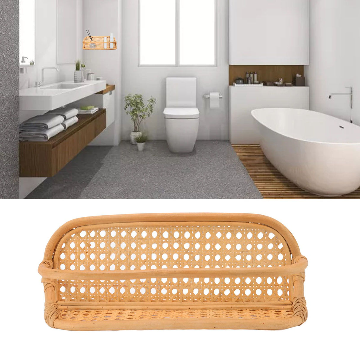 Rattan Wall Shelf Hand Crafted Durable Natural Rattan Hanging Rack Wall Storage Shelf for Bathroom Kitchen Living Room