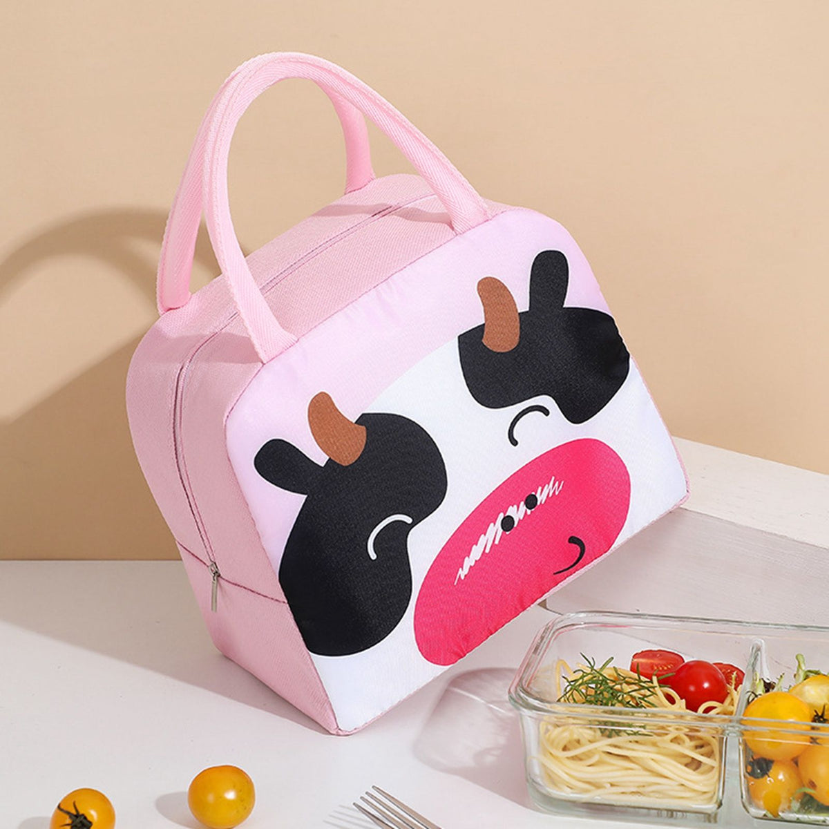 Thermal Bag Cartoon Large Capacity Heat Preservation Cute Lunch Bag for Children Pink Cow