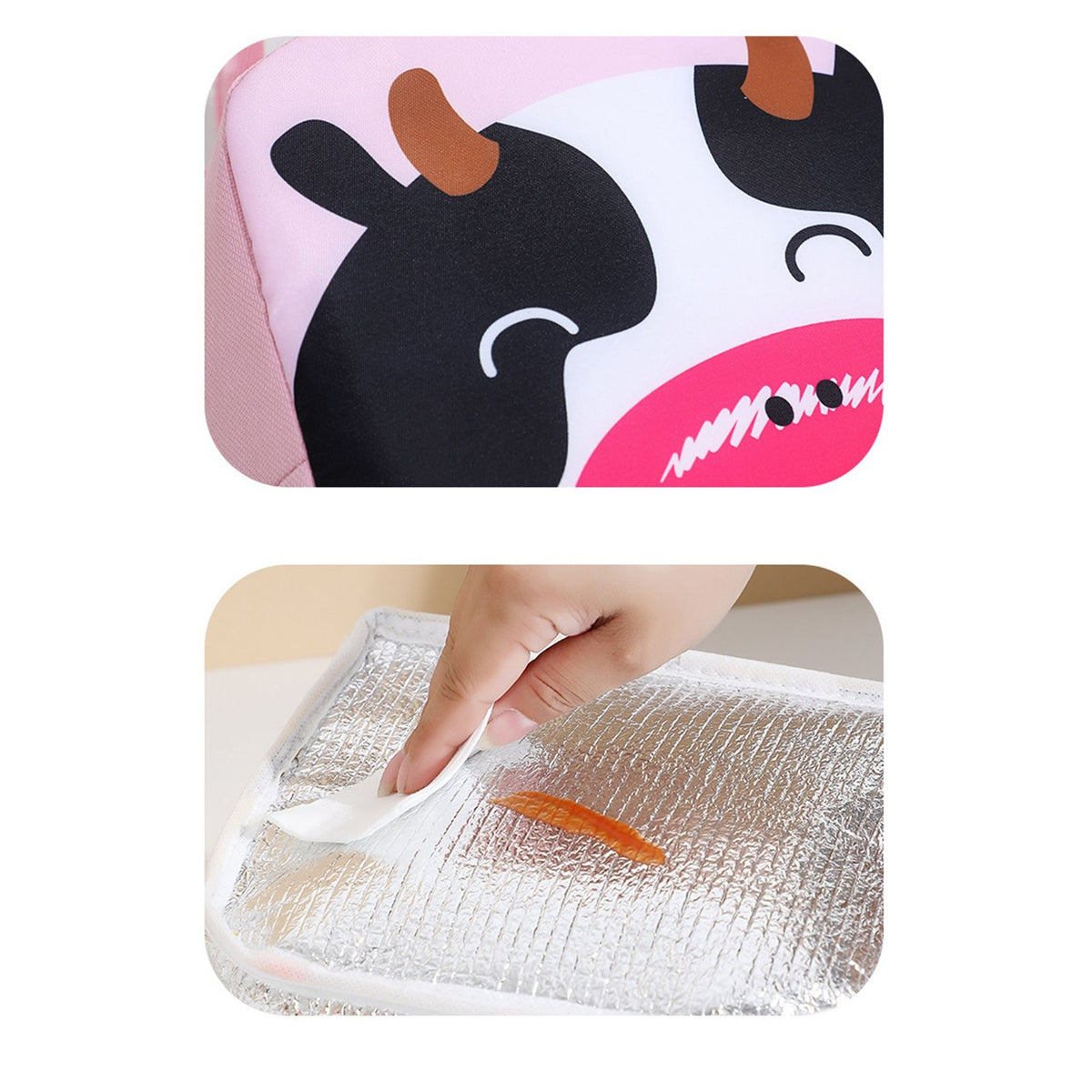 Thermal Bag Cartoon Large Capacity Heat Preservation Cute Lunch Bag for Children Pink Cow